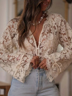 Fenna blouse met kanten bloemenpatroon lange mouwen en v-hals voor dames