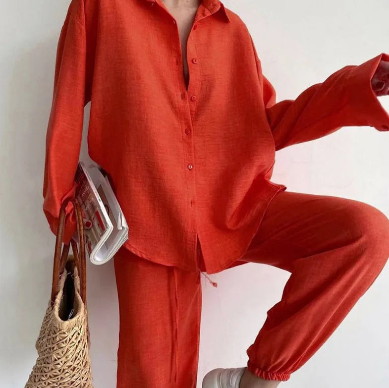 Twee-delig katoenen pak dames rood casual look