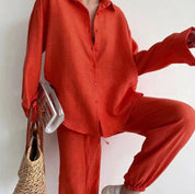 Twee-delig katoenen pak dames rood casual look