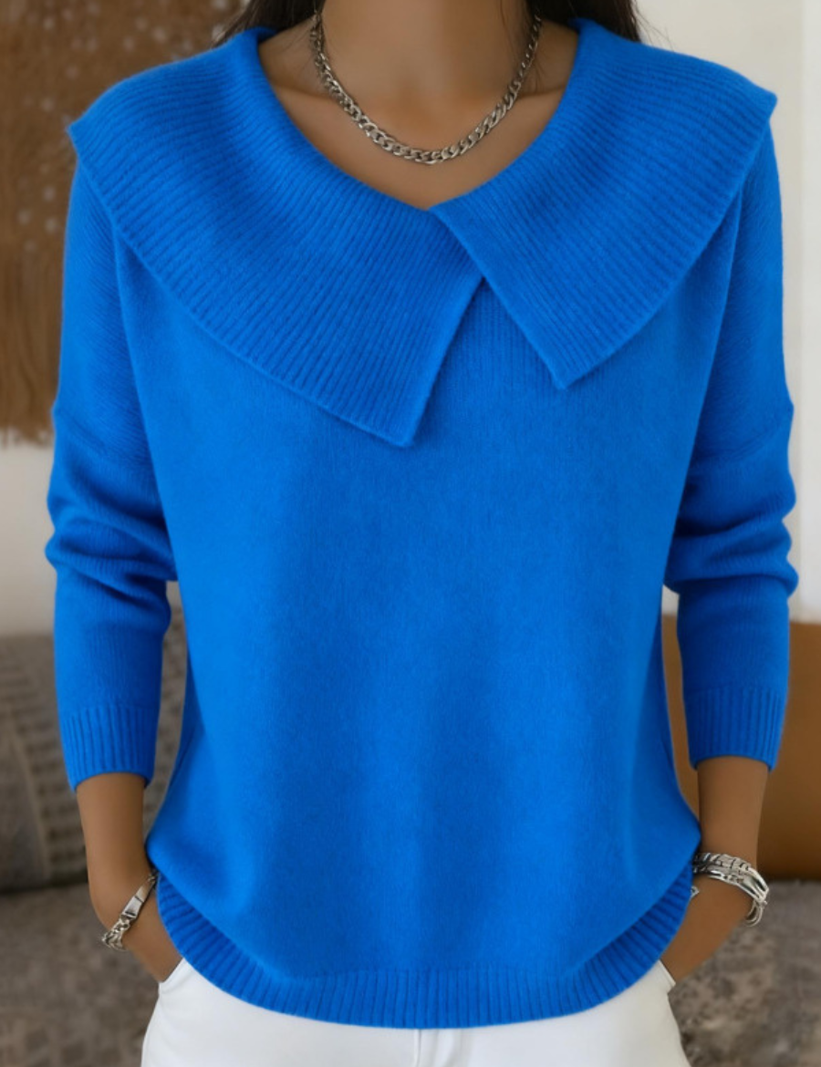 Bright blue sweater with oversized collar front view