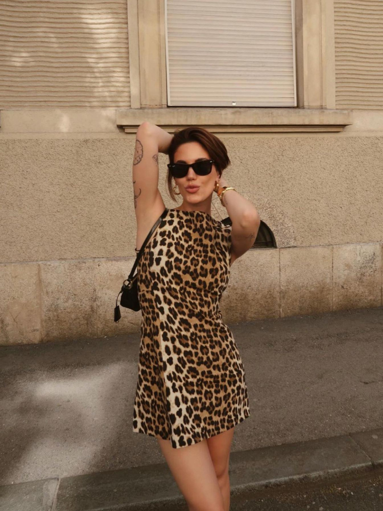 Leopard print dress sleeveless street view