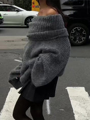 Gray off-shoulder knit sweater street view