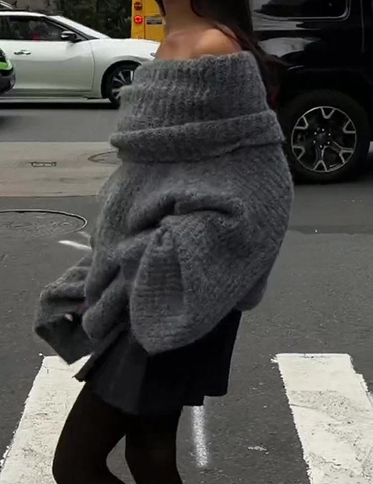 Gray off-shoulder knit sweater street view