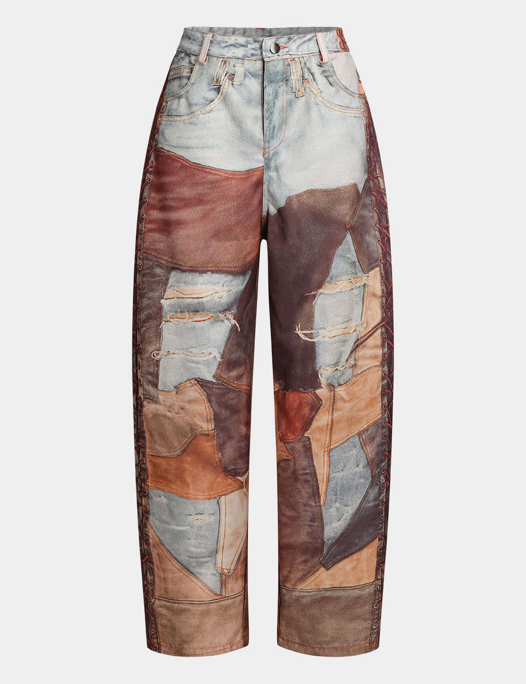 Jeans featuring patchwork design with mixed denim textures and colors front view