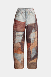 Jeans featuring patchwork design with mixed denim textures and colors front view