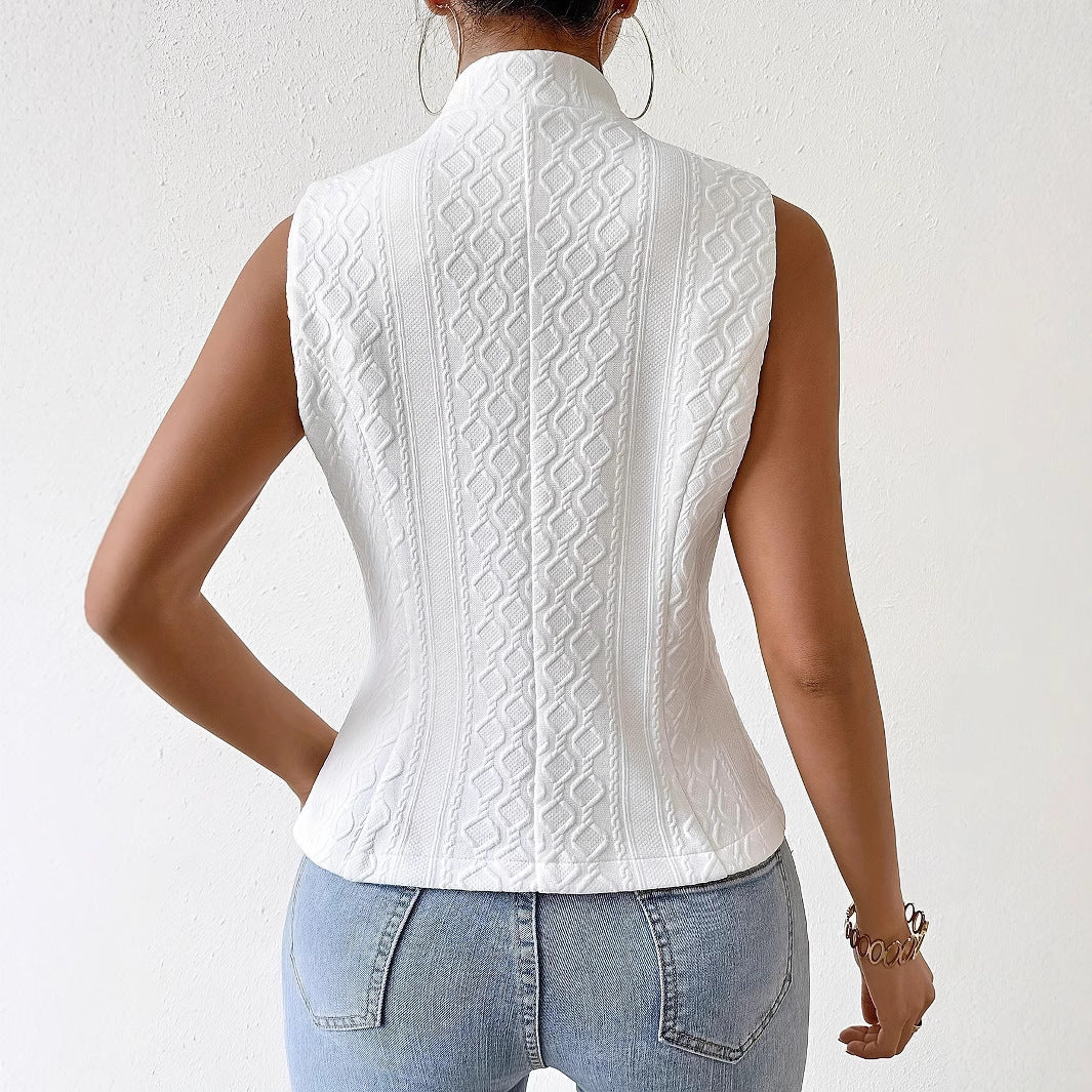 White structured gilet back view with textured pattern