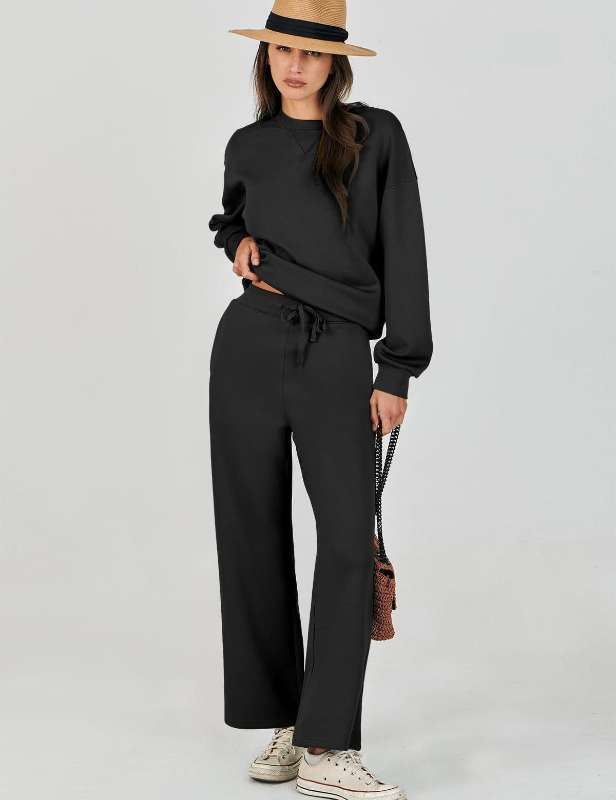 Black loungewear set with wide pants front view