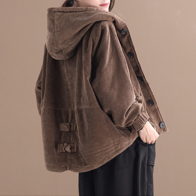 Brown corduroy hooded jacket with large pockets angled view