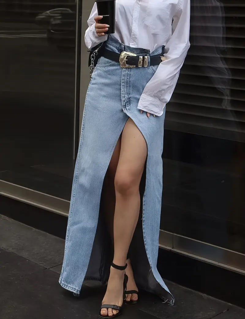 Light blue denim maxi skirt with high slit, front view