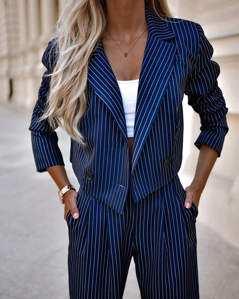 Blue striped blazer and pants set front view