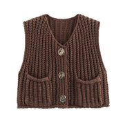 Brown chunky knit vest with silver buttons front view