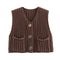 Brown chunky knit vest with silver buttons front view