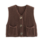 Brown chunky knit vest with silver buttons front view