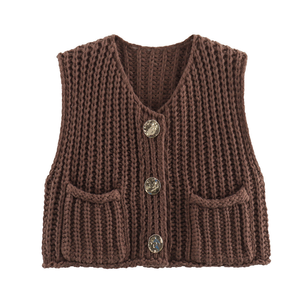 Brown chunky knit vest with silver buttons front view