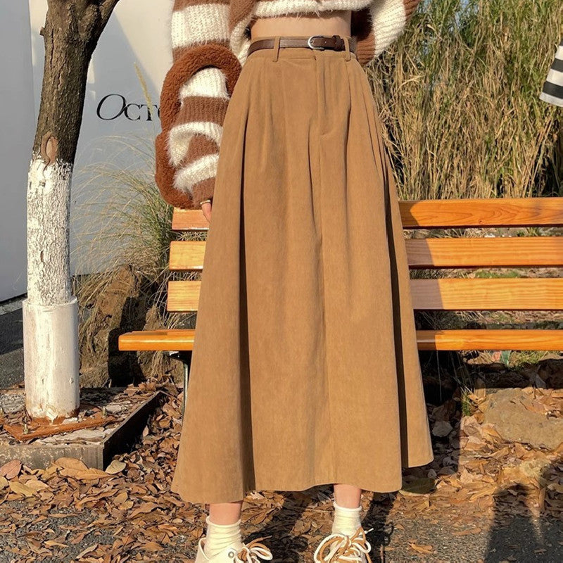 Midi skirt camel color seated view with belt