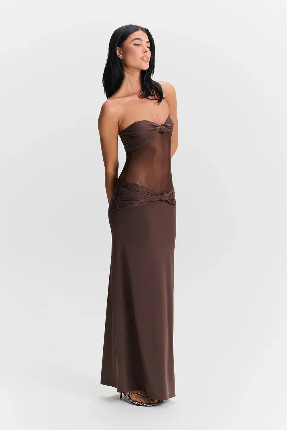 Brown strapless dress with mesh detail side view