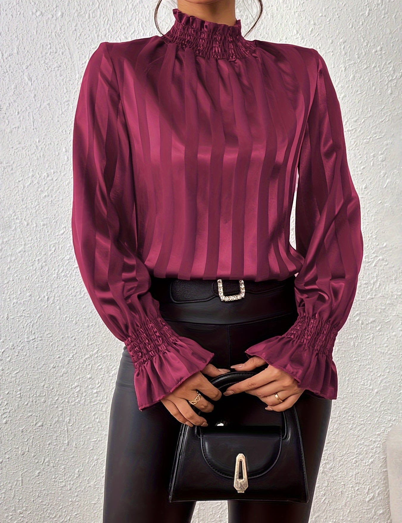 Deep pink striped satin blouse with ruffled cuffs front view