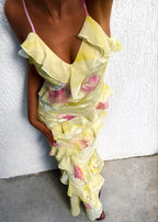 Yellow and pink floral dress with ruffles indoor mirror selfie