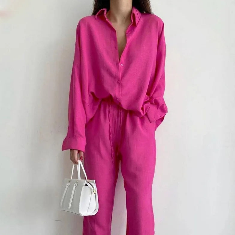 Twee-delig pak roze katoen front view