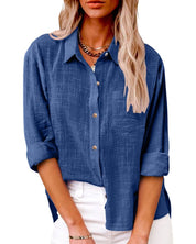 Blouse katoen-linnen blauw met knopen en zakken front view