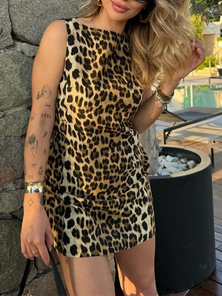 Leopard print dress sleeveless front view