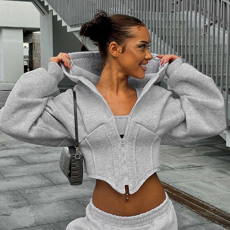 Gray hoodie with corset detail side view