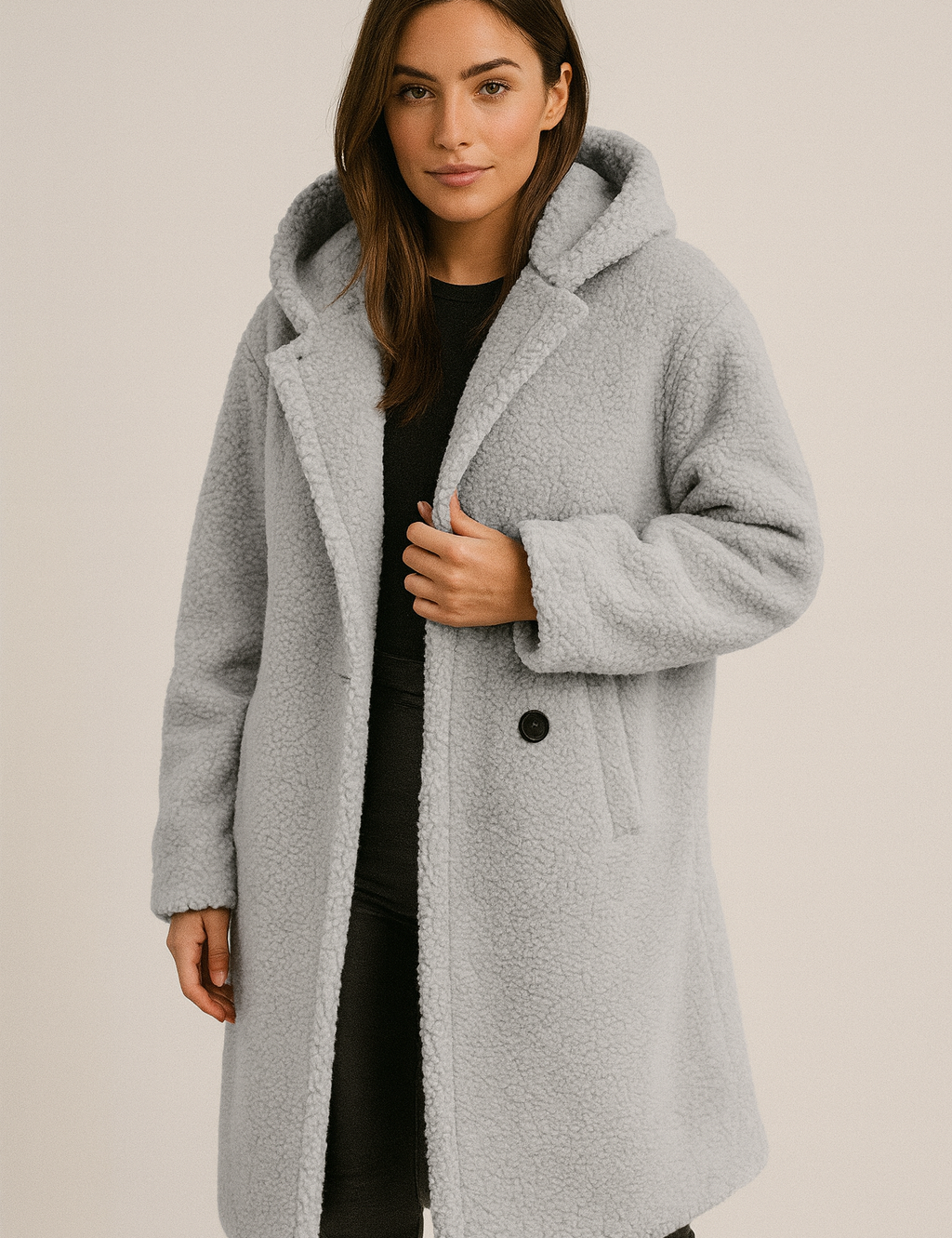 Damesjas teddybont lichtgrijs met capuchon front view