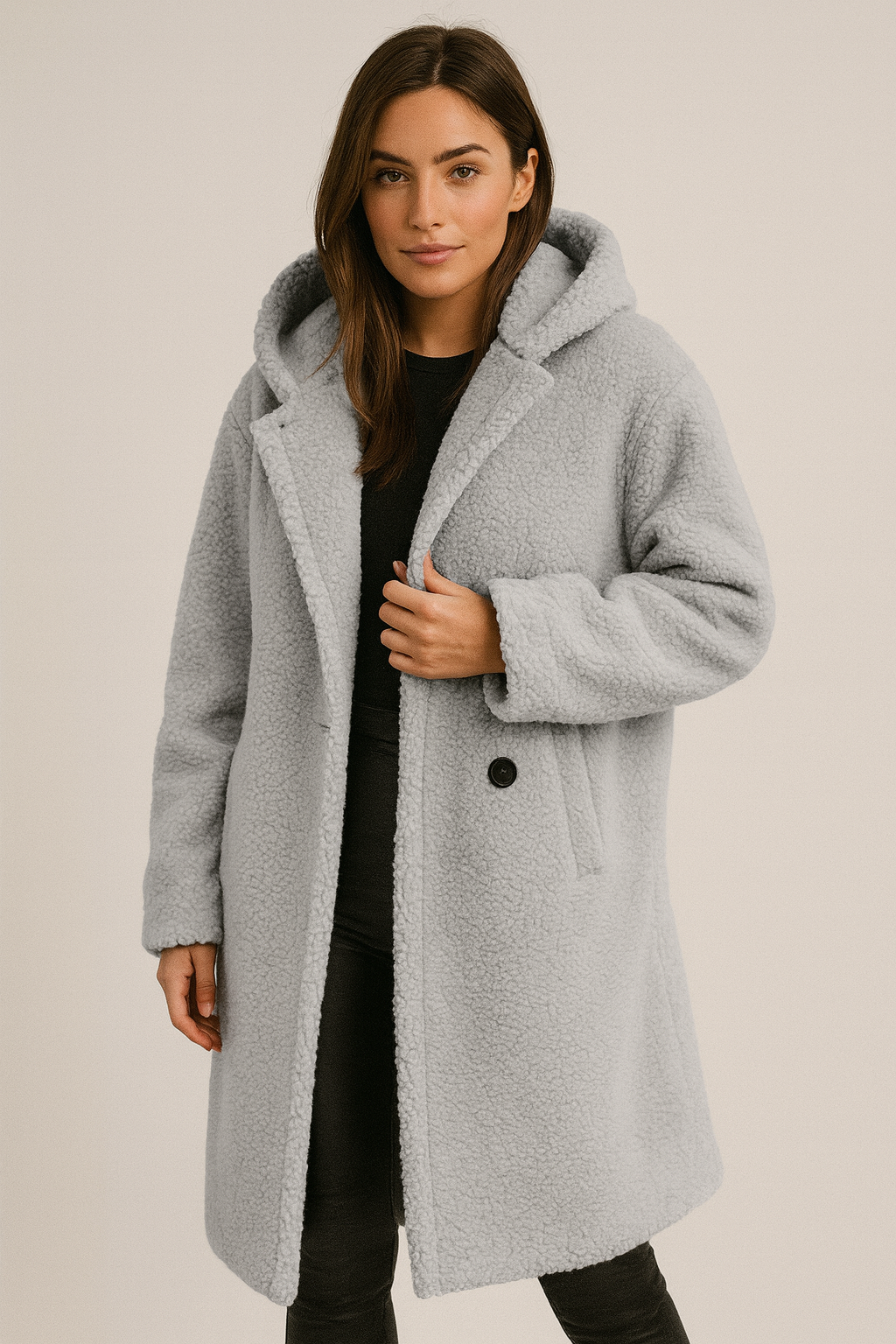 Damesjas teddybont lichtgrijs met capuchon front view