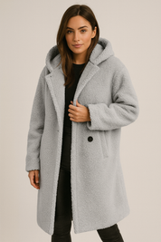 Damesjas teddybont lichtgrijs met capuchon front view