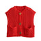 Red chunky knit vest with gold buttons front view