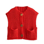 Red chunky knit vest with gold buttons front view