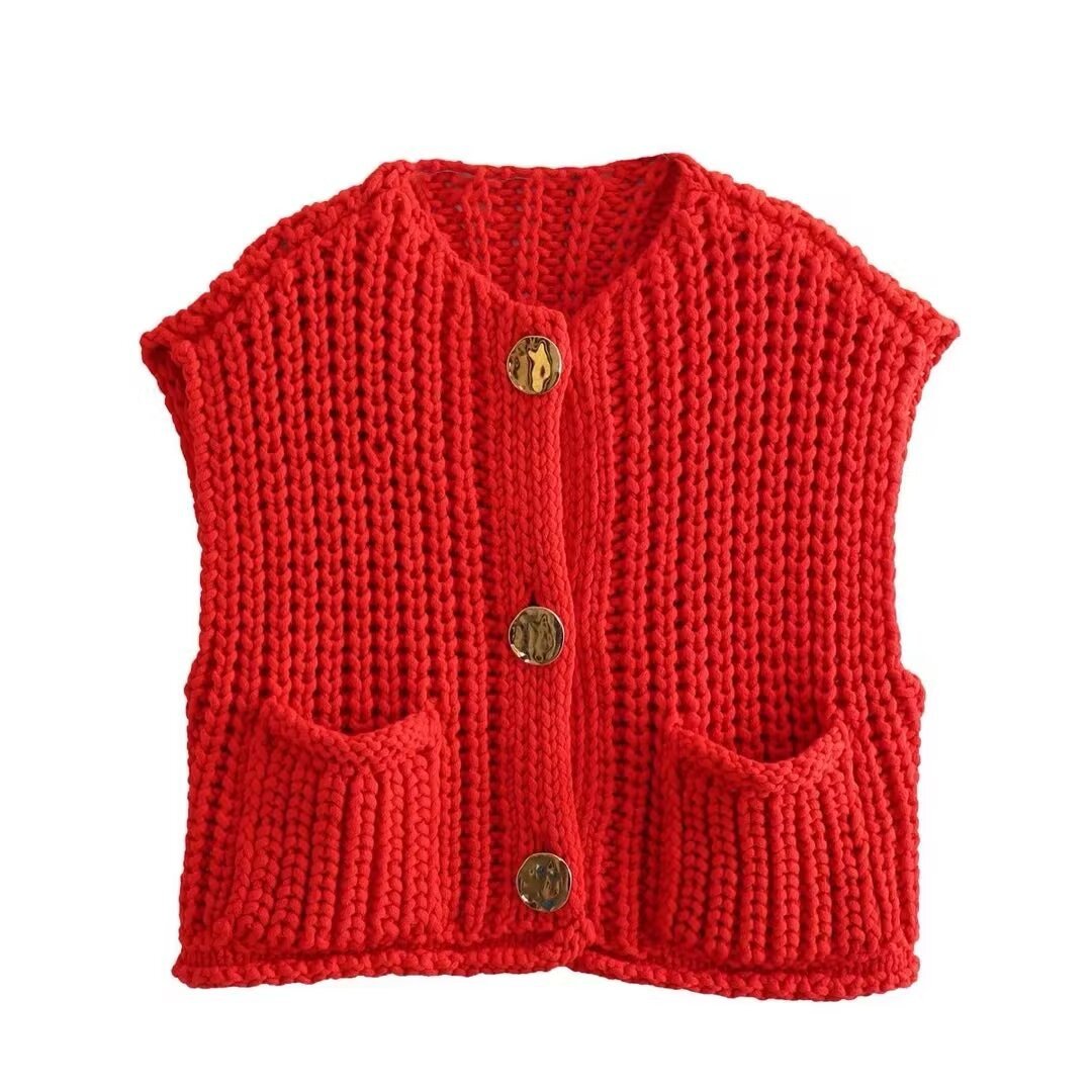 Red chunky knit vest with gold buttons front view