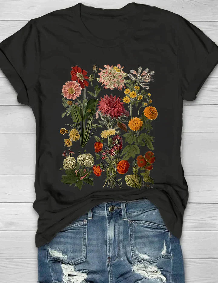 Dames t-shirt zwart met bloemenprint voorzijde