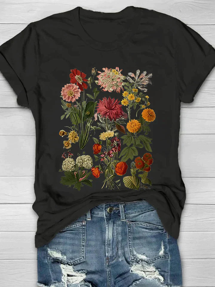 Dames t-shirt zwart met bloemenprint voorzijde
