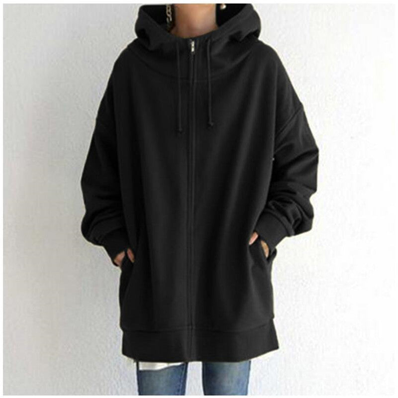 Oversized hoodie black front view with drawstring