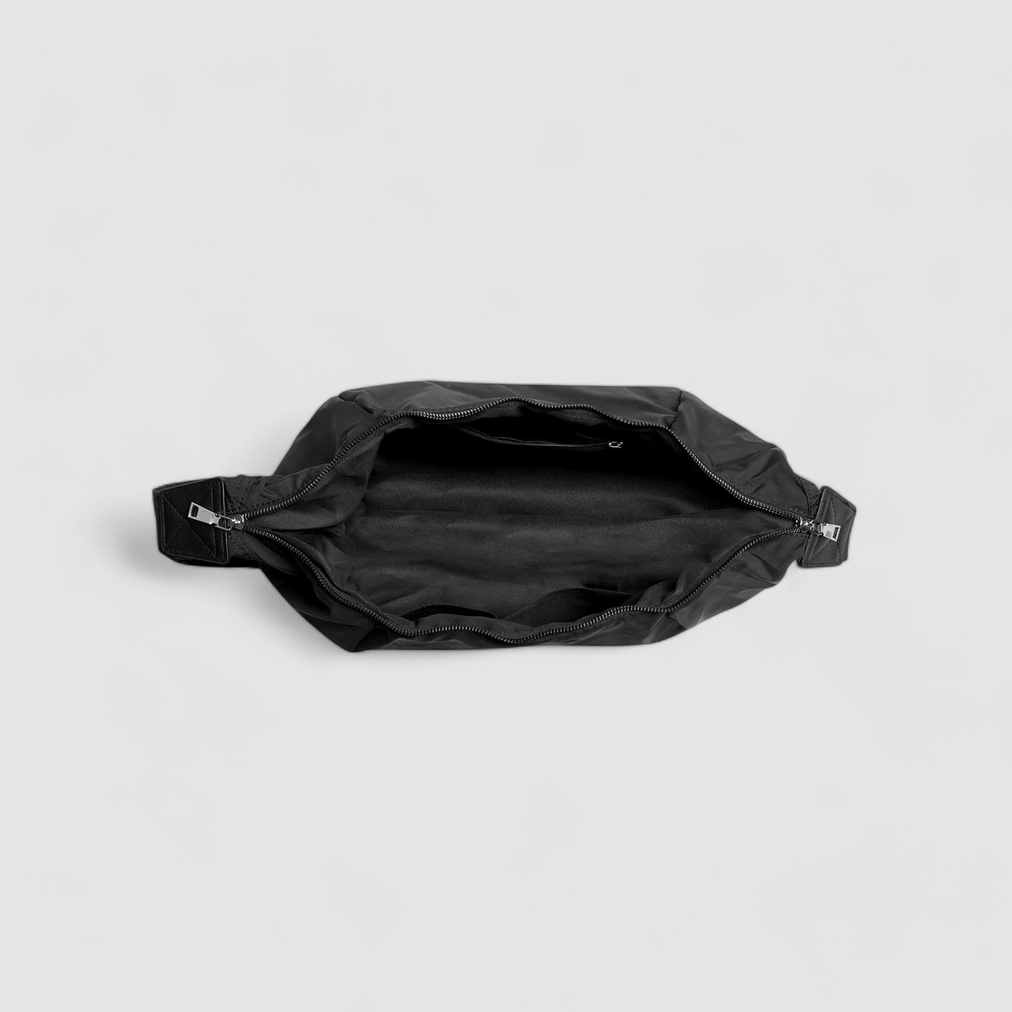 Schoudertas zwart nylon open bovenkant