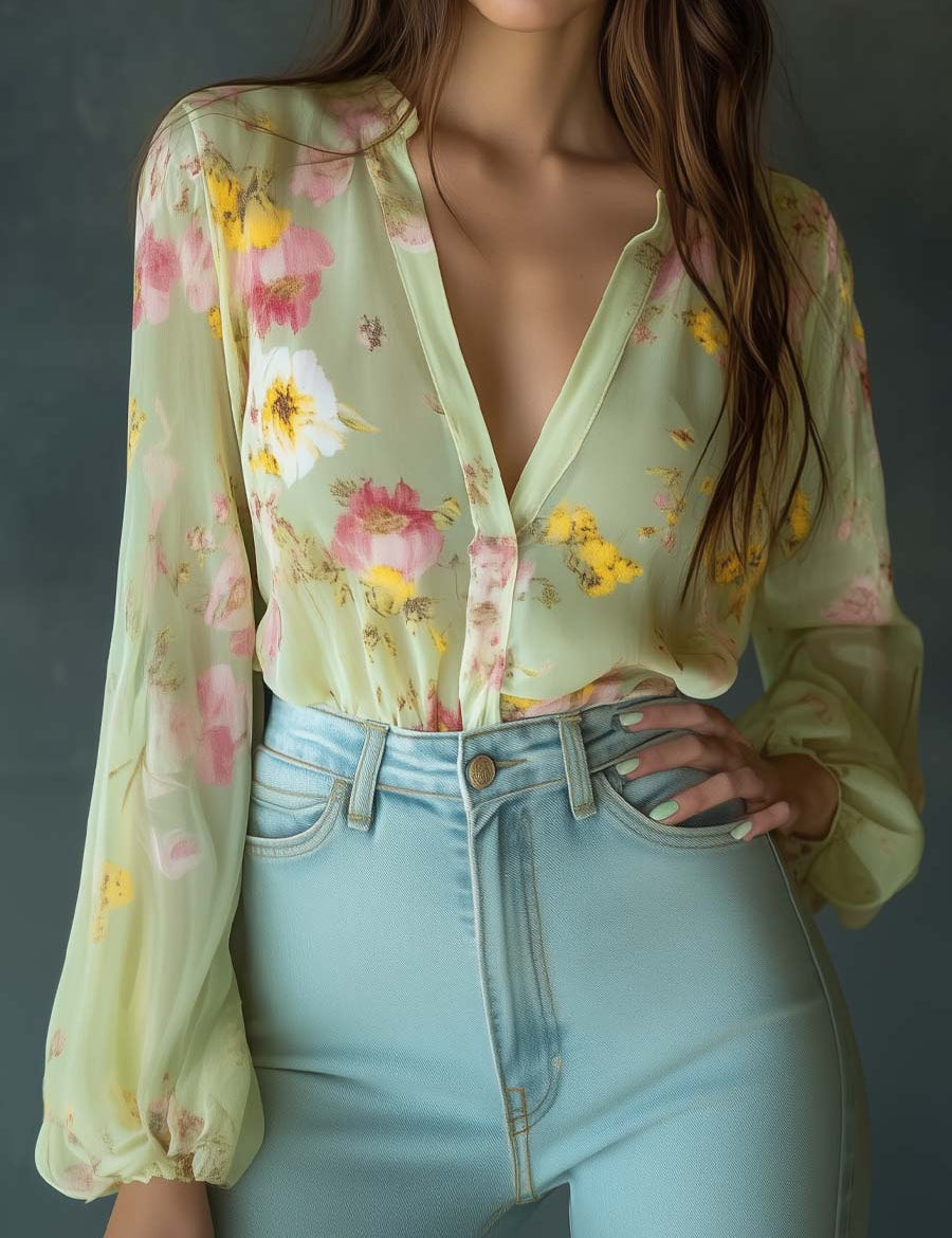 Chiffon blouse with floral print, light green, front view