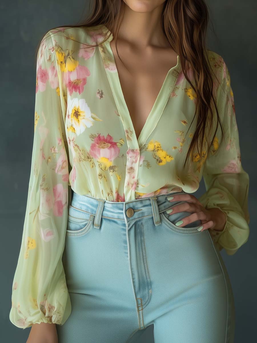 Chiffon blouse with floral print, light green, front view with hands in pockets