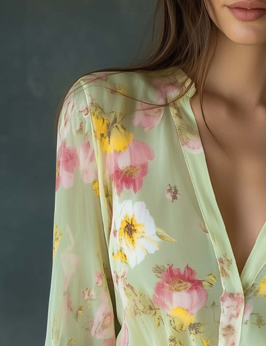 Chiffon blouse with floral print, light green, close-up of neckline