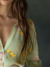 Chiffon blouse with floral print, light green, side view of collar