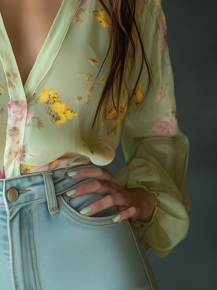 Chiffon blouse with floral print, light green, hand in pocket detail