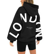 Black hoodie with 'LONDON' print back view
