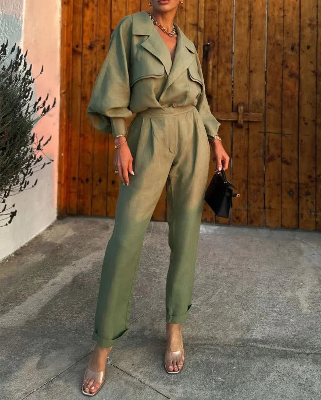 Tweed suit green with balloon sleeves angled view