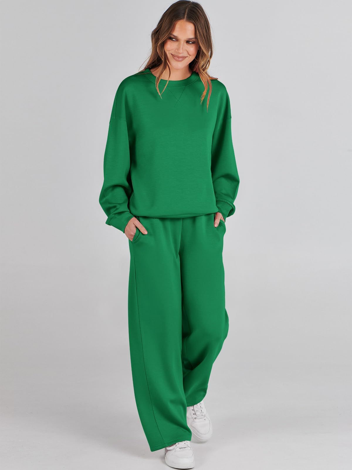 Green loungewear set with wide pants front view