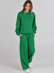 Green loungewear set with wide pants front view