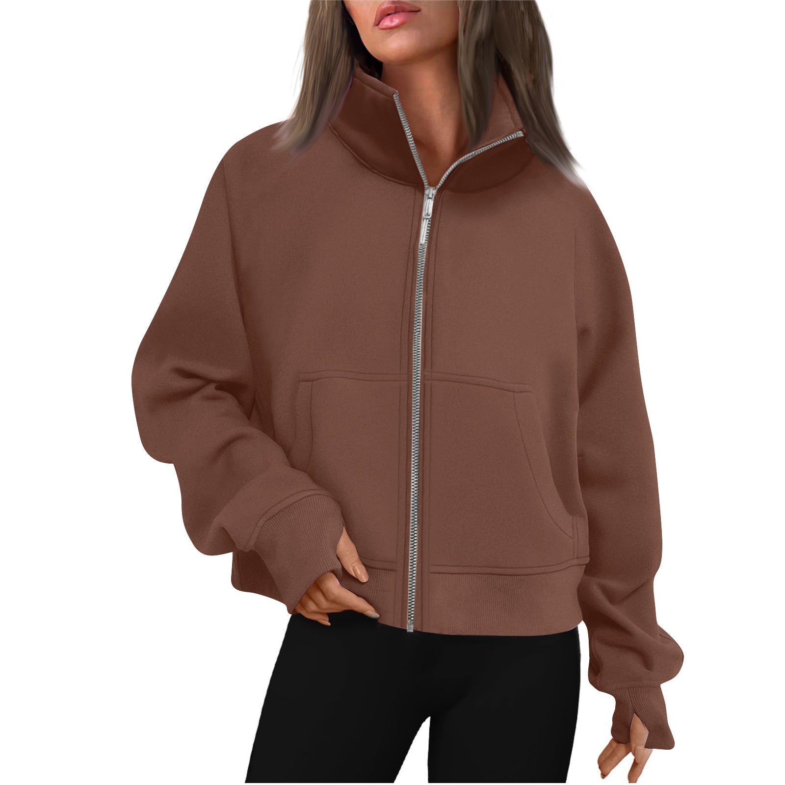Brown training jacket with thumbholes front view