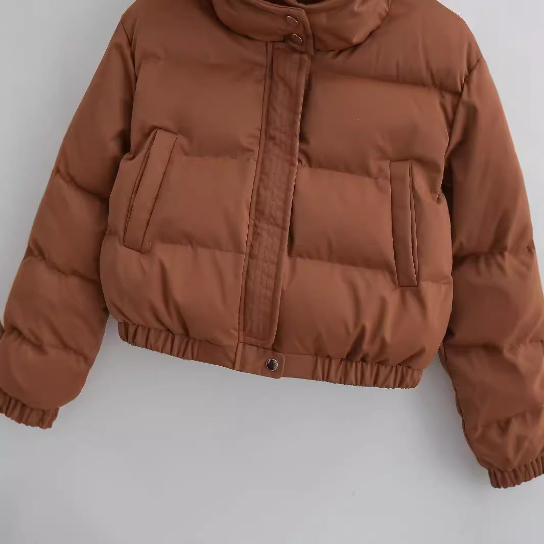 Brown puffer jacket with hood, cropped front view