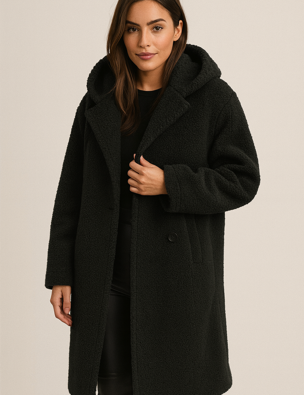 Damesjas zwart teddybont capuchon front view