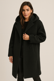 Damesjas zwart teddybont capuchon front view