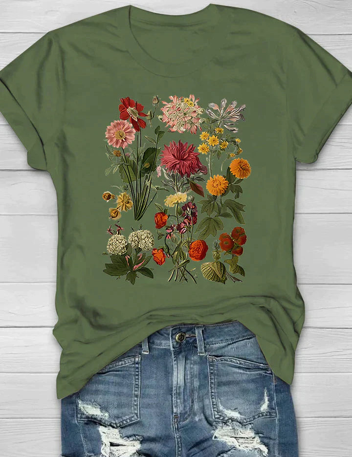 T-shirt groen met bloemenprint vooraanzicht